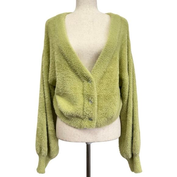 Pretty Garbage Fuzzy Green Button Down Cardigan Sweater V-neck Women’s Sz Large - Picture 4 of 7